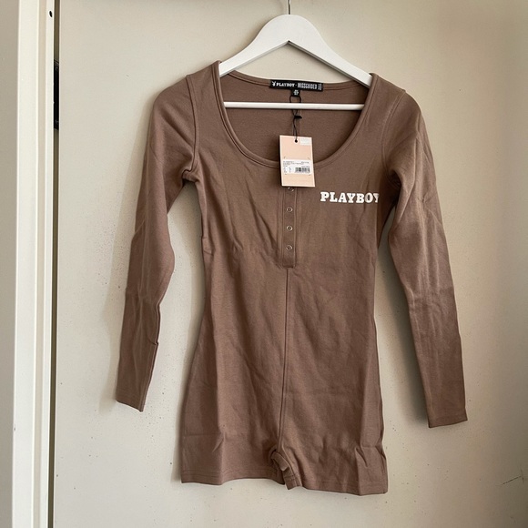 Playboy Brown Logo Button Front Romper - Picture 6 of 7